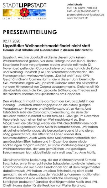 Absage des Lippstädter Weihnachtsmarktes 2020