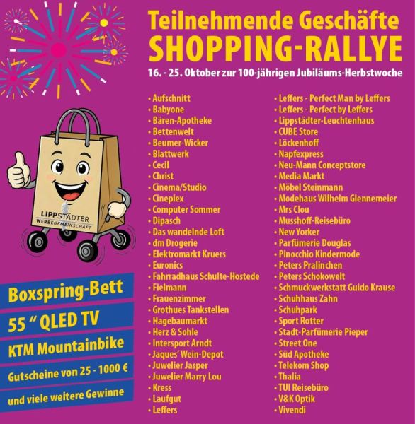 Teilnehmende Geschäfte und Gewinnliste der Shopping Rallye in der Jubiläums Herbstwoche